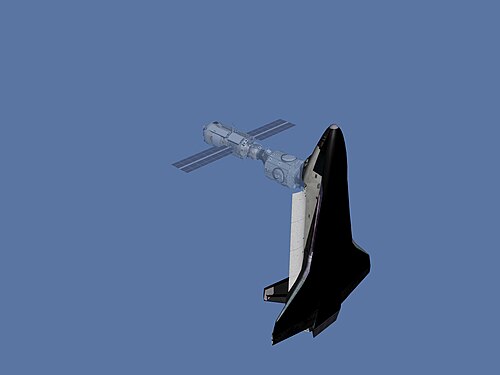 رسم توضيحي لمحطة الفضاء الدولية (ISS) أثناء رحلة مكوك الفضاء STS-96