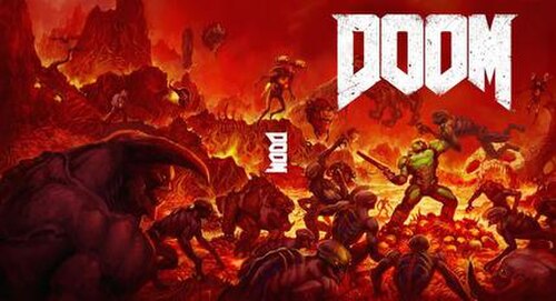 غلاف بديل للعبة Doom، مستوحى من غلاف Doom الأصلي. يظهر فيه قاتل الشياطين وهو يقاتل حشدًا من الشياطين في الجحيم فوق كومة من جثثهم، في بركة من الصهارة.
